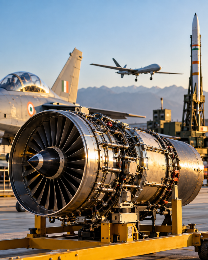 Indian defence engine with fighter jet, UAV and missile