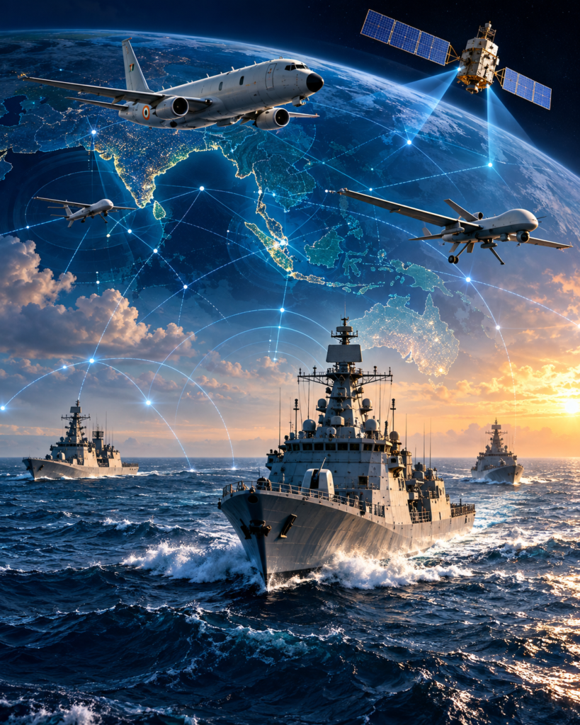 Indian Navy maritime surveillance network with warships, patrol aircraft, drones and satellite monitoring the Indian Ocean